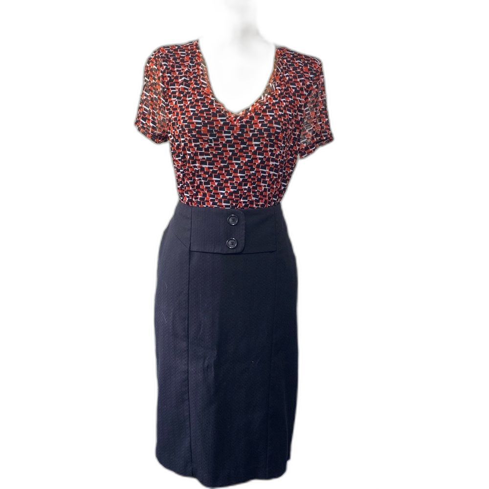 Modern Blouse Women Red Black White Geometric Mosaic V-Neck Short Sleeve L - Picture 2 of 4
